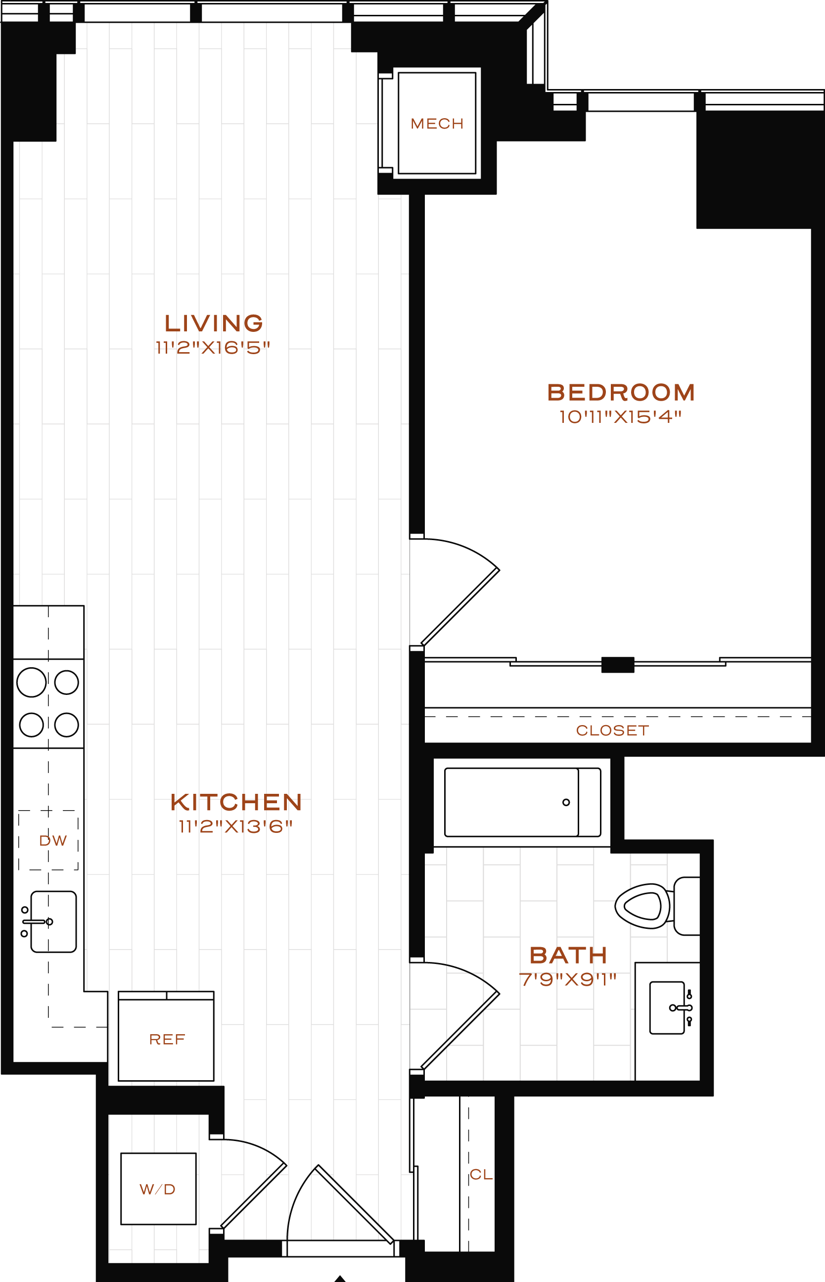 Rendering of the 1 Bed-1 Bath-LT-03 Floor Plan